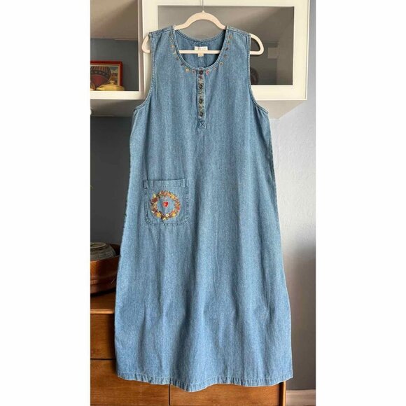 Vtg Christopher & Banks Embroidered Fall Leaves Denim Maxi Dress Autumn Folk - Picture 1 of 7